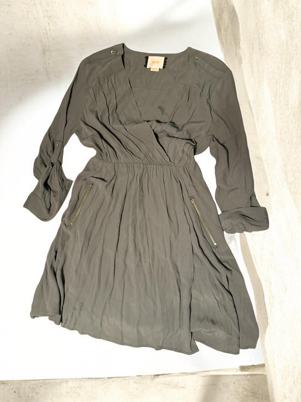 Maeve Olive Green Long Sleeve Gathered-Waist Dress size XS